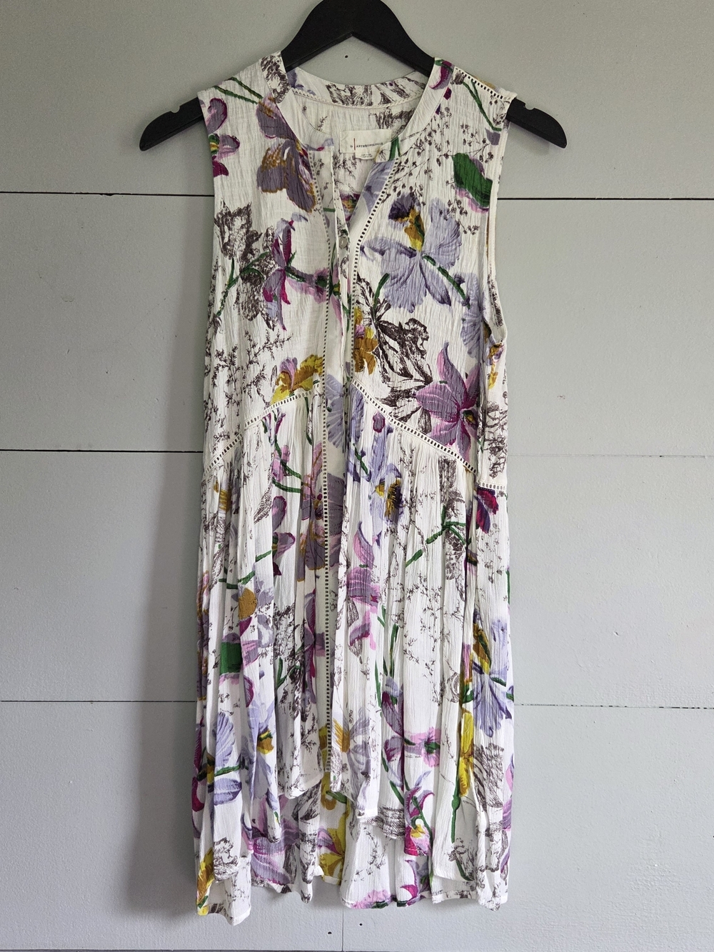 by Anthropologie Nia Floral Tunic Size Med White Embroidered Ladder Lace Trim